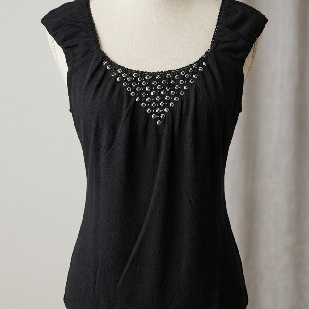 Chic Black Studded Scoop Neck Cap Sleeve Blouse - Size XL NWT